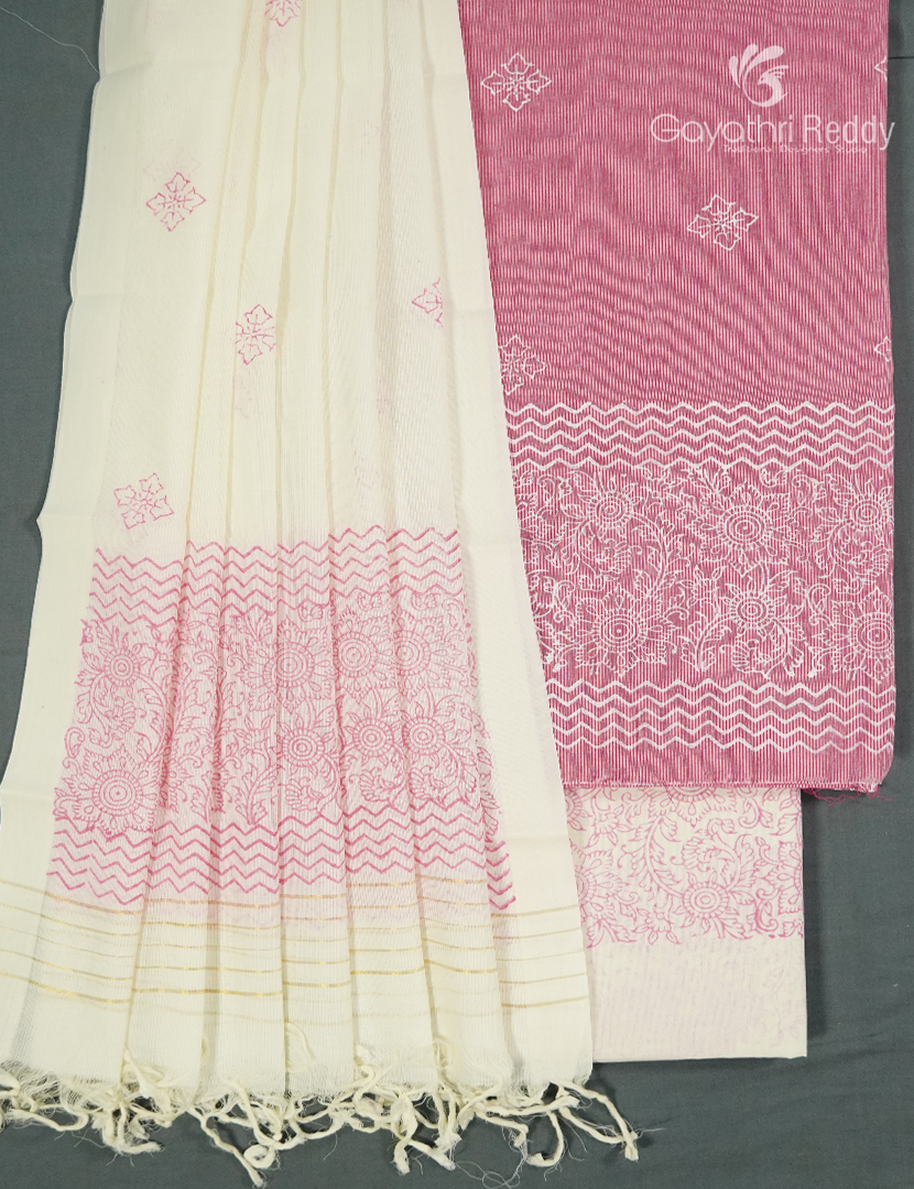 Cotton Dress Material in Pastel Peach Pink and Cream