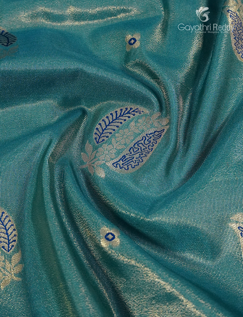 Semi Kanchipuram Silk Fancy Saree in Rama Green and Navy Blue