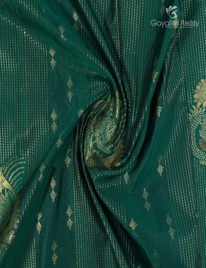 Semi Kanchipuram Silk Saree in Deep Peacock Green  and Brown