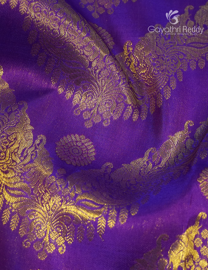 Pure Kanchipuram Silk Bridal Saree in Deep Purple and Golden Yellow