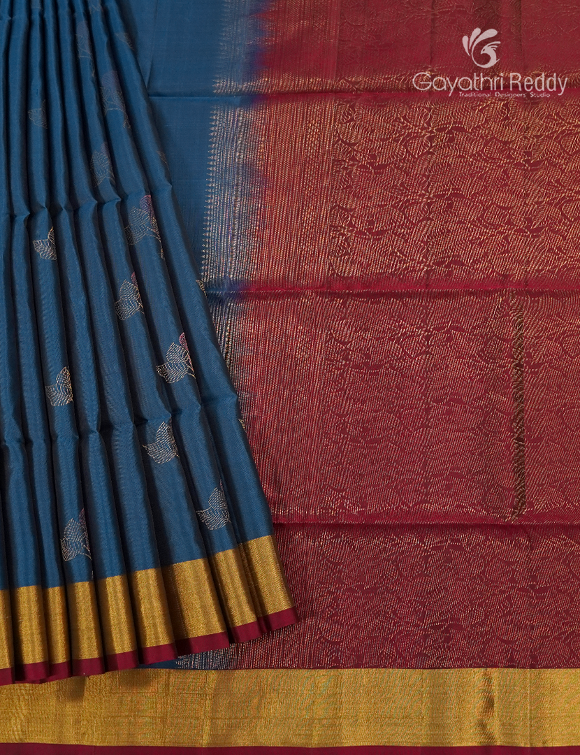 Pure Kanchipuram Soft Silk Saree in Deep Peacock Blue and Deep Red