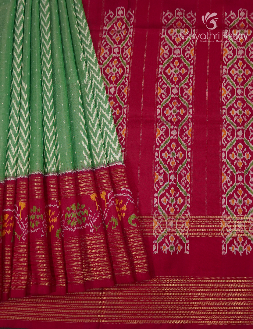 Pure Ikat Silk Saree in Leaf Green and Deep Ruby Pink
