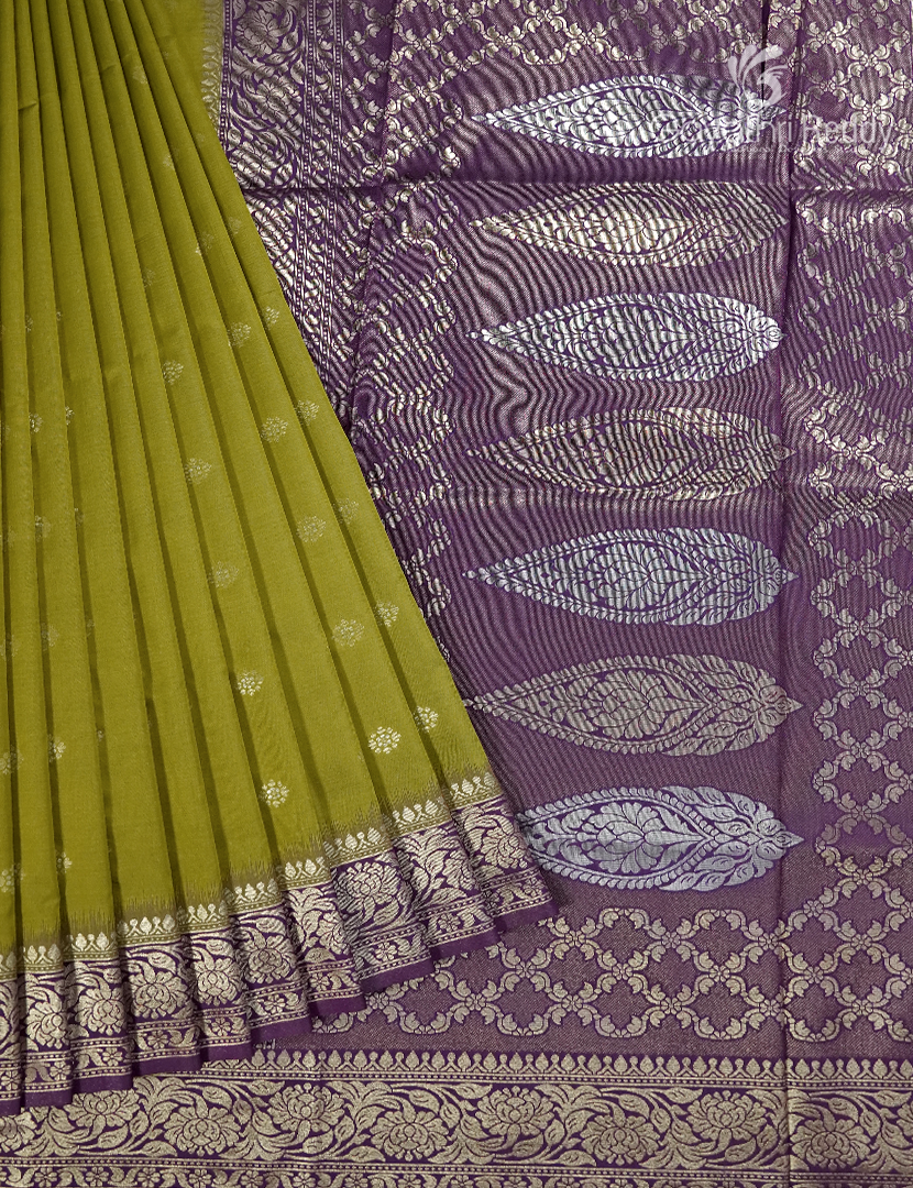 Semi Kanchipuran Silk Saree in Mehendi Green and  Purple