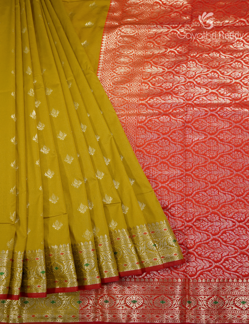 Semi Banaras Katan Silk Saree in  Dry Mehendi and Red