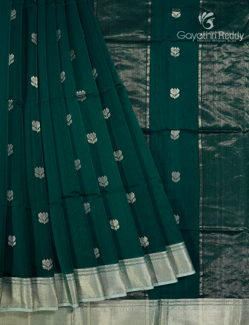 Pure Chanderi Sico Saree in Bottle Green