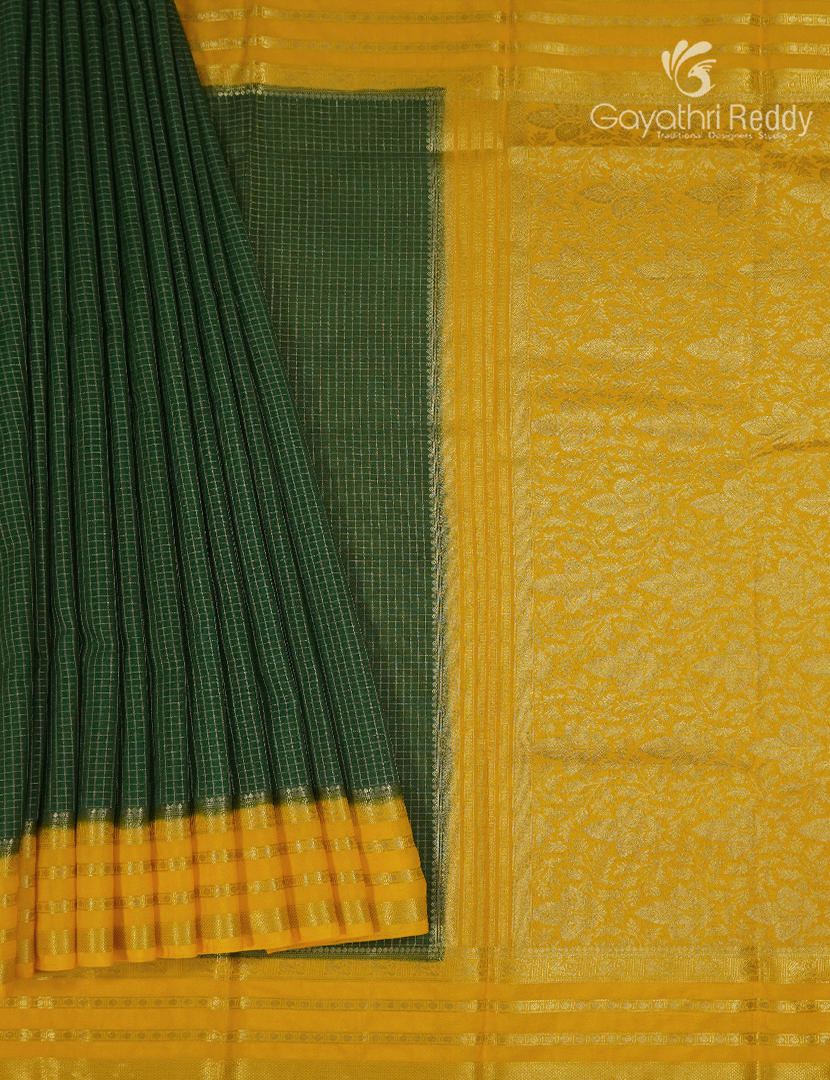 Semi Mysore Crepe Saree in Bottle Green and Yellow