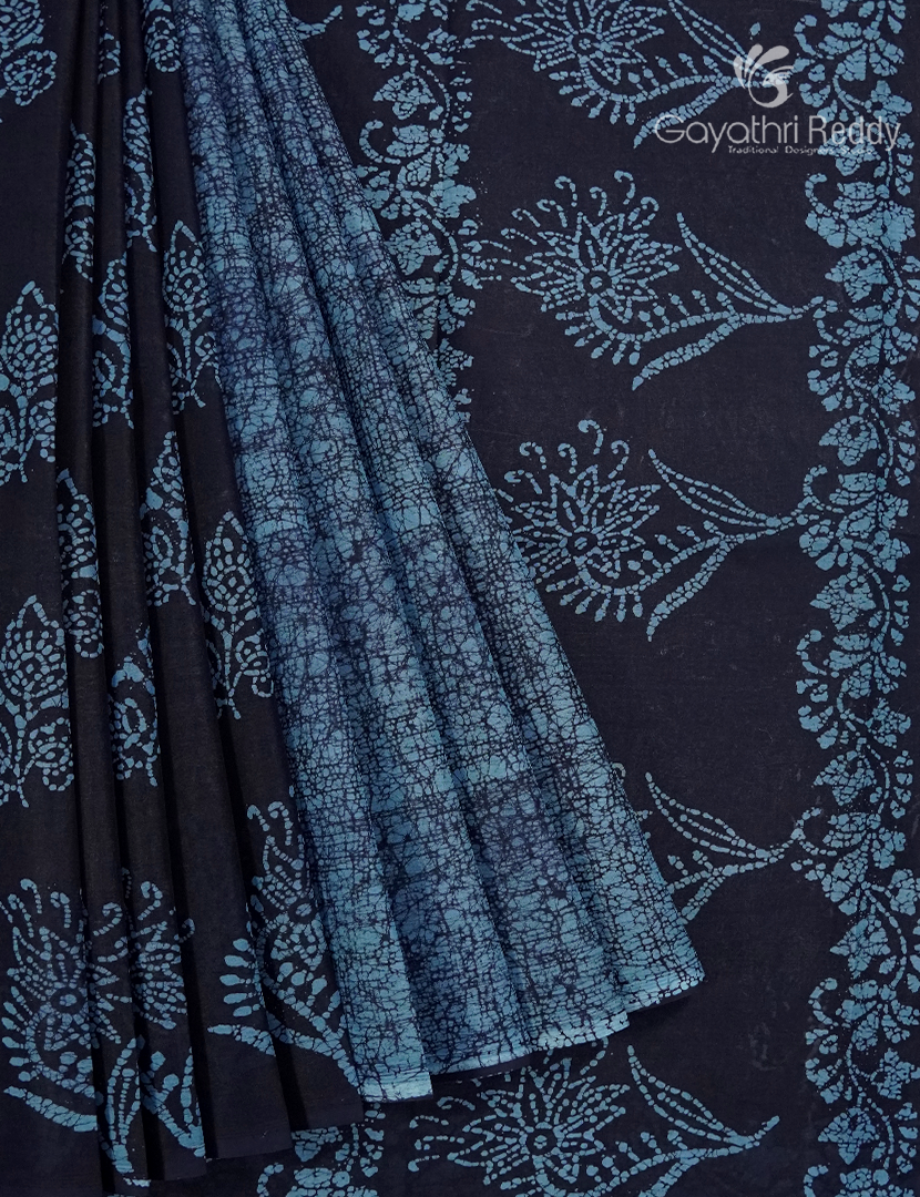 Cotton Batik Print Saree in Navy Blue and Powder Blue