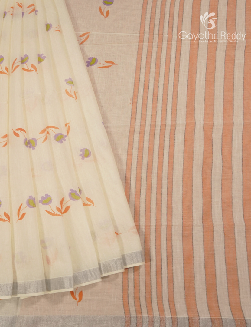 Pure Kanchi Cotton Printed Saree in Ivory and Sandalwood