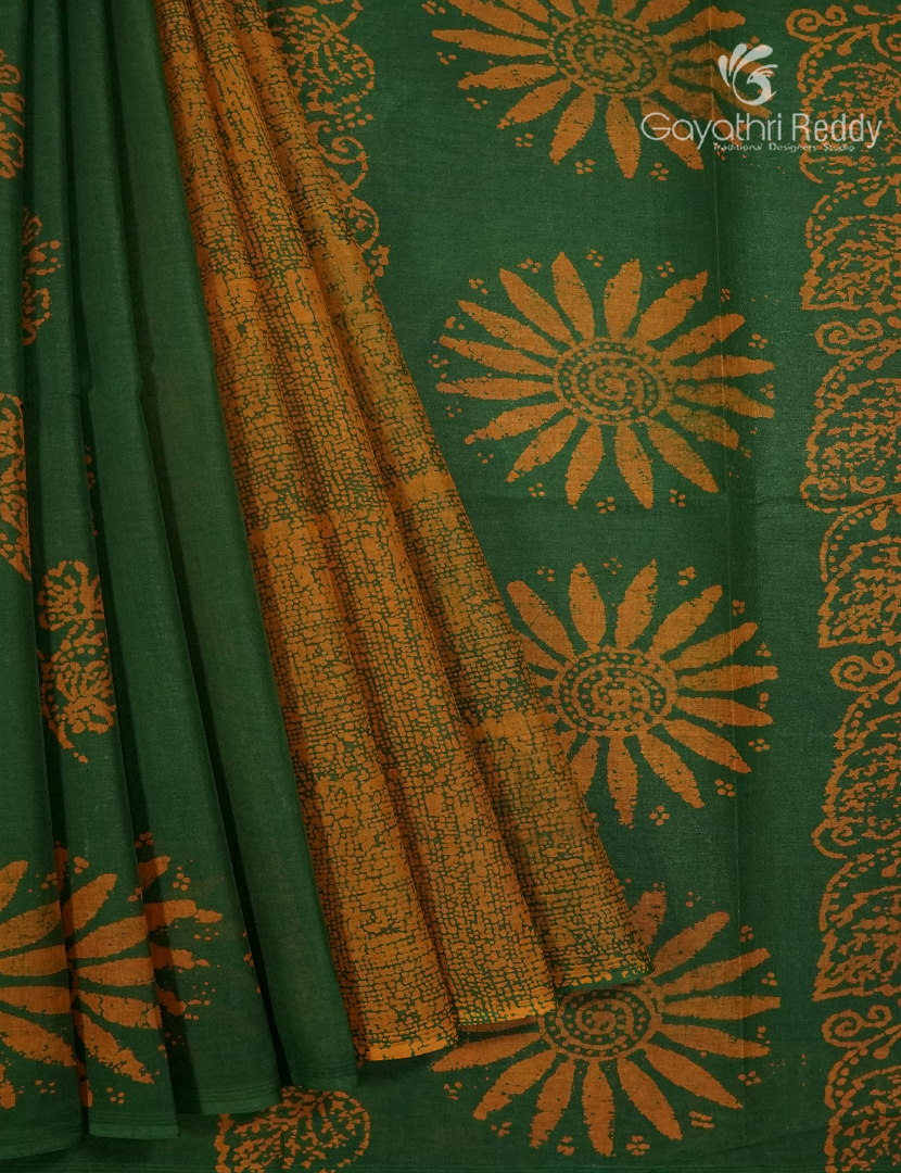 Cotton Batik Print Saree in Mango Green and Mustard