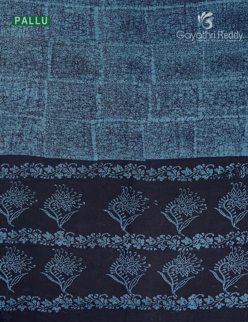 Cotton Batik Print Saree in Navy Blue and Powder Blue