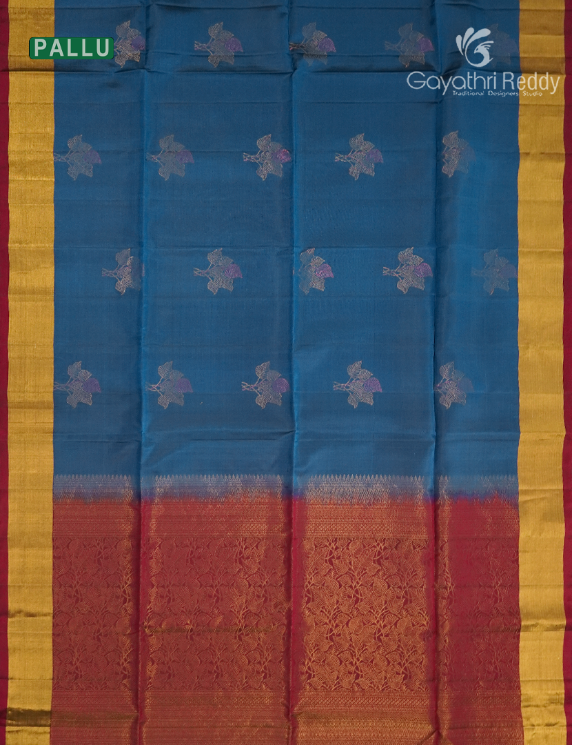 Pure Kanchipuram Soft Silk Saree in Deep Peacock Blue and Deep Red
