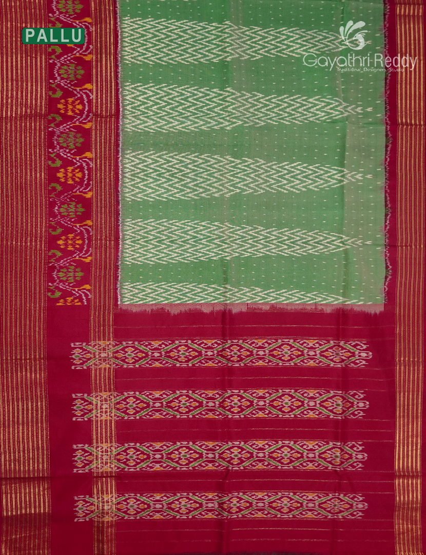 Pure Ikat Silk Saree in Leaf Green and Deep Ruby Pink