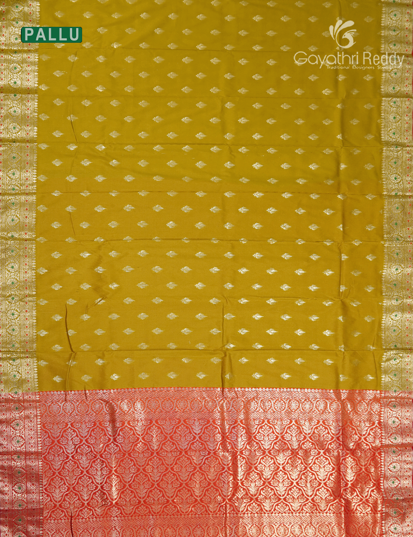 Semi Banaras Katan Silk Saree in  Dry Mehendi and Red
