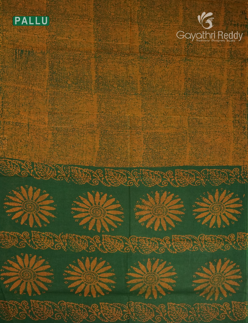 Cotton Batik Print Saree in Mango Green and Mustard