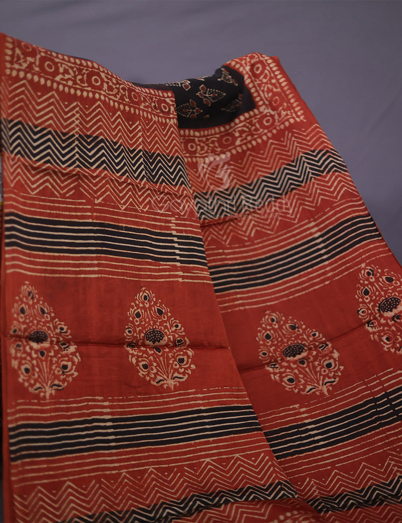 Rust And Blue Ajrak Bandhani Saree in Cotton – Khatri Jamnadas Bechardas