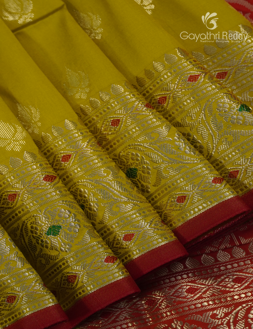 Semi Banaras Katan Silk Saree in  Dry Mehendi and Red
