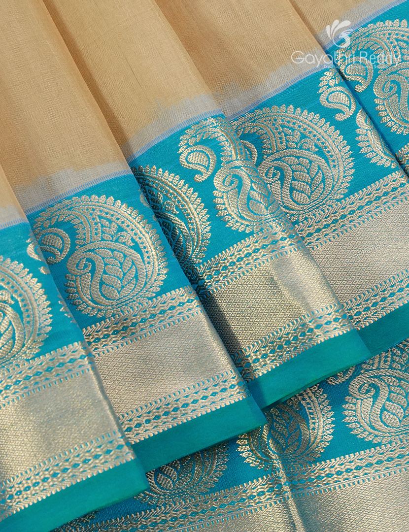 Pure Kanchi Sico Saree in Beige and Turquoise