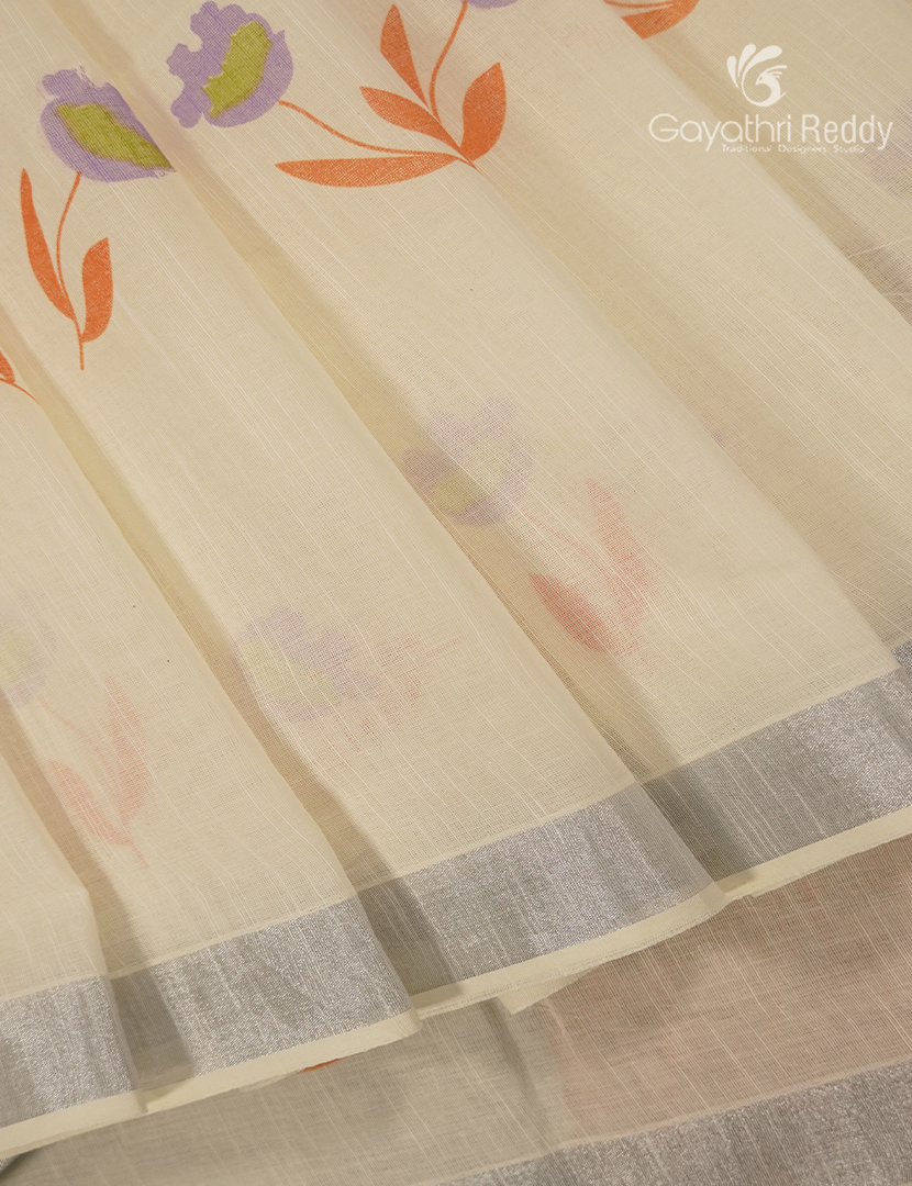 Pure Kanchi Cotton Printed Saree in Ivory and Sandalwood