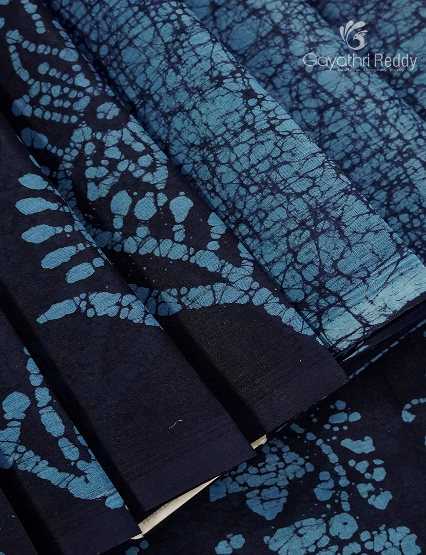 Cotton Batik Print Saree in Navy Blue and Powder Blue