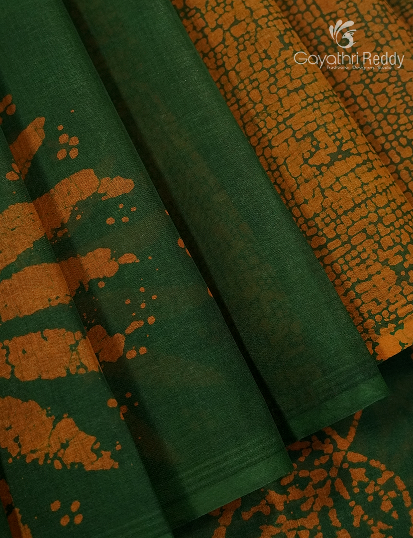 Cotton Batik Print Saree in Mango Green and Mustard