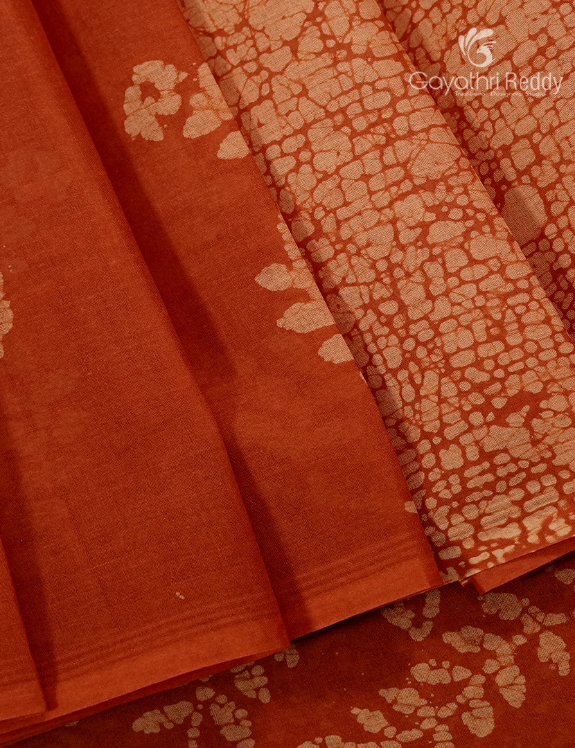 Cotton Batik Print Saree in Orange and Peach
