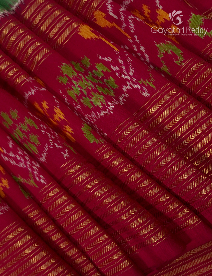 Pure Ikat Silk Saree in Leaf Green and Deep Ruby Pink