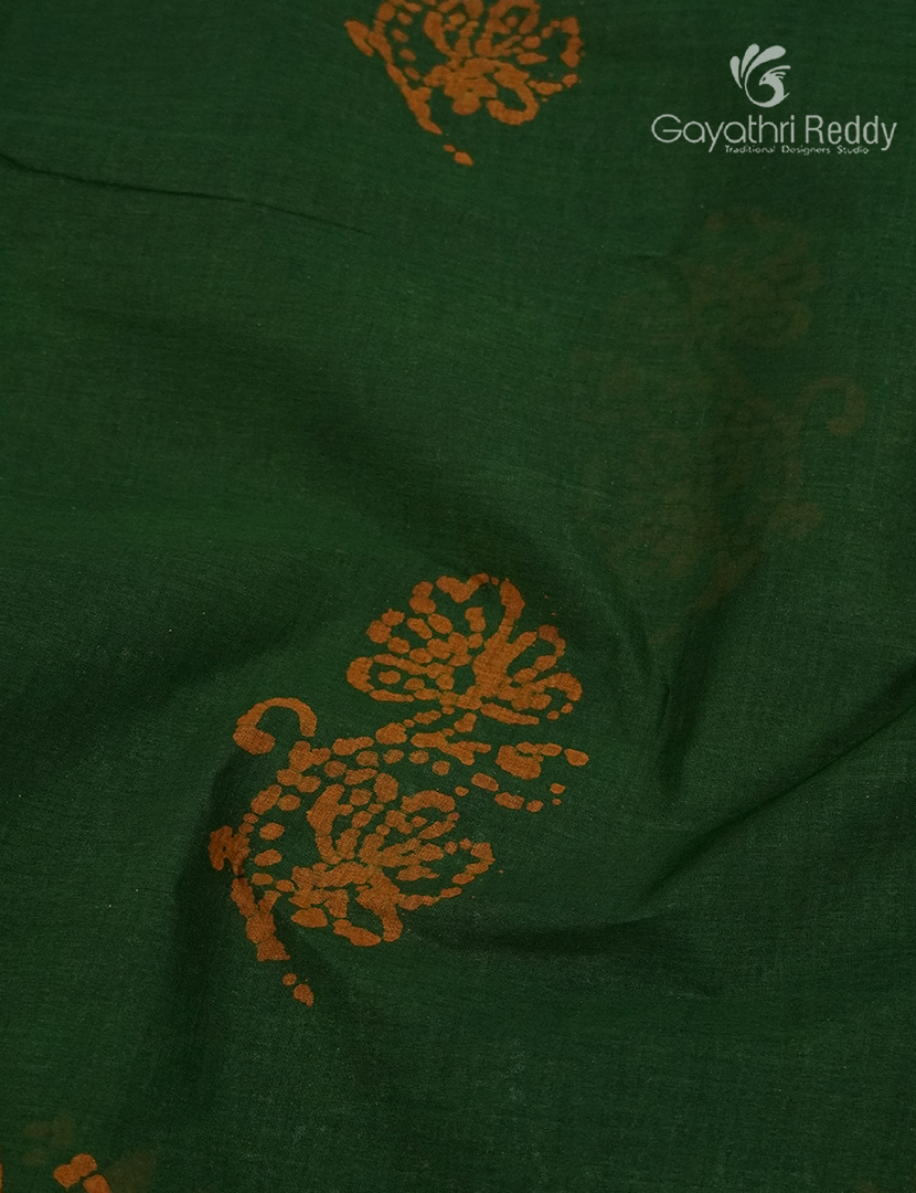 Cotton Batik Print Saree in Mango Green and Mustard
