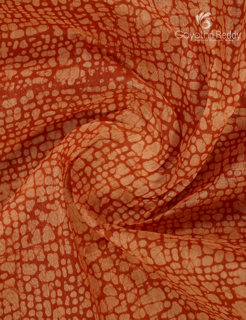 Cotton Batik Print Saree in Orange and Peach