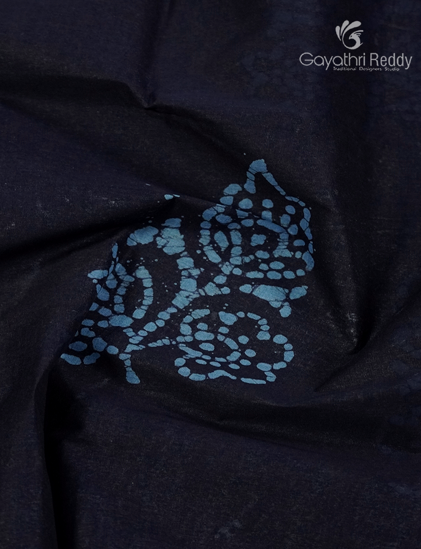 Cotton Batik Print Saree in Navy Blue and Powder Blue