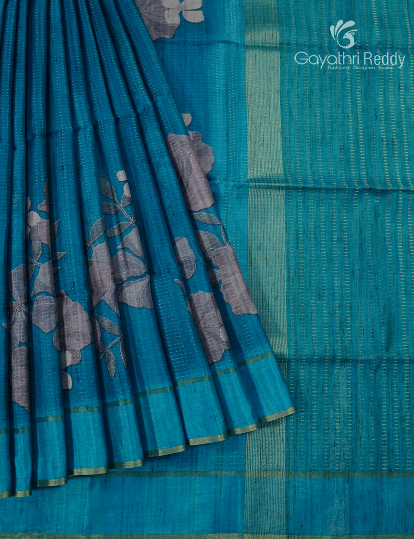 Semi Tussar Saree in Peacock Blue and Sea Green