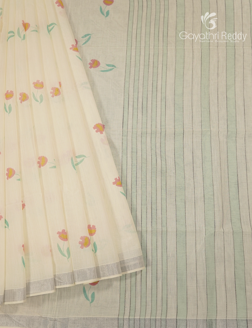 Pure Kanchi Cotton Printed Saree in Ivory and Pista Green