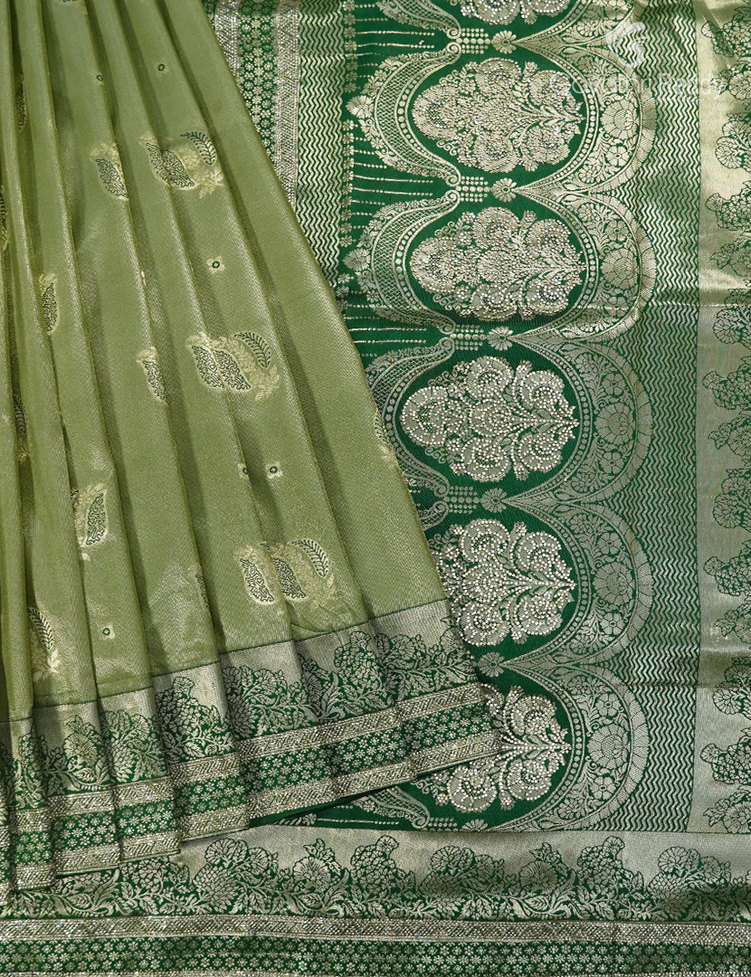 Semi Kanchipuram Silk Fancy Saree in Pista Green and Deep Mehendi Green