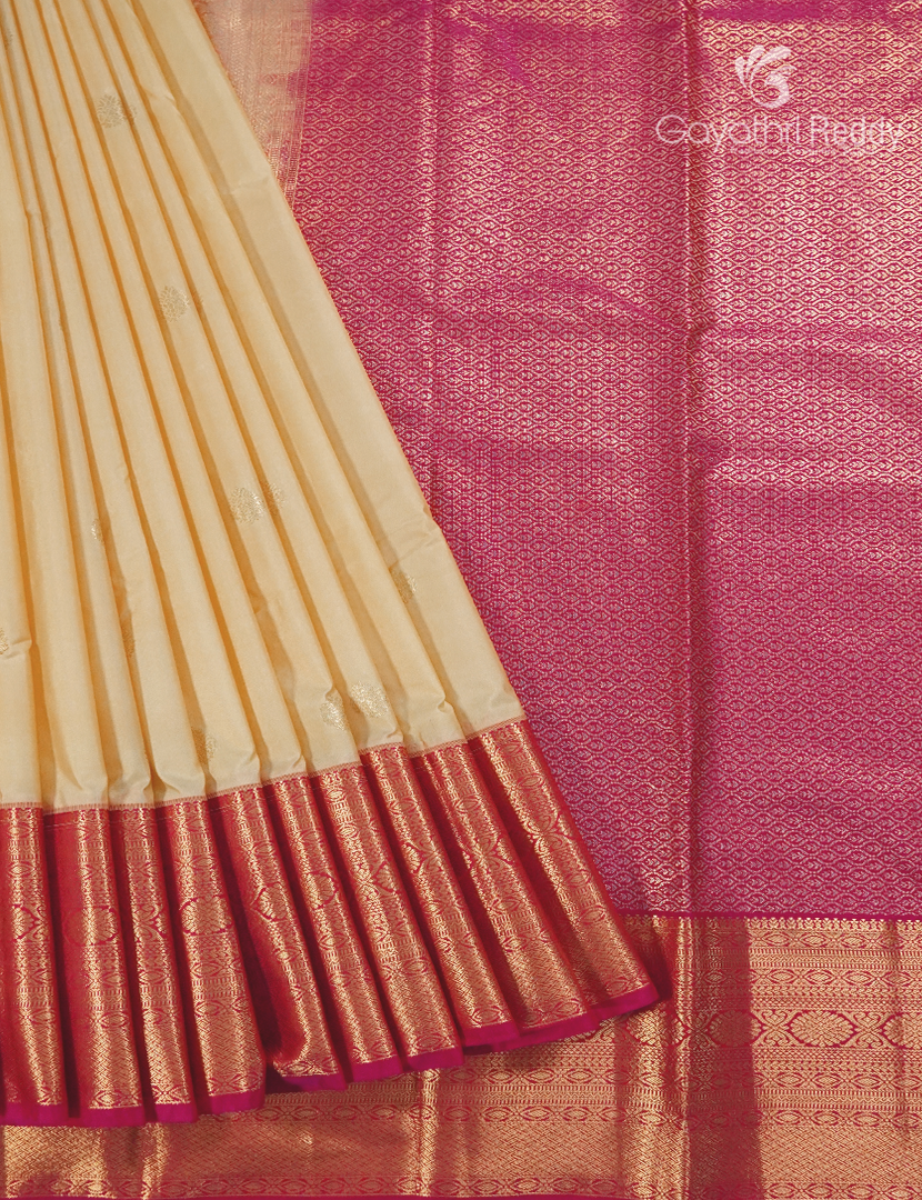 Semi Kanchipuram Silk Saree in Golden Cream and Rani Pink