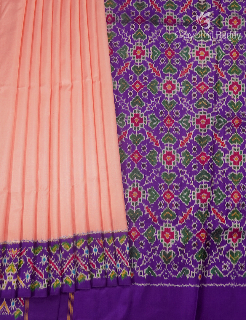Pure Ikat Silk Saree in Peach and Deep Violet