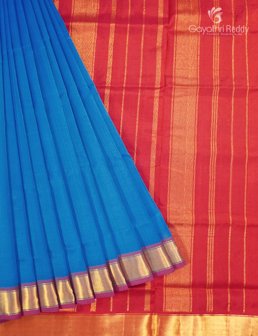 Pure Arani Sico Saree in Deep Cloud blue and Pinkish Red