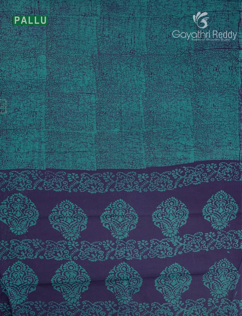 Cotton Batik Print Saree in Navy Blue and Sea Green
