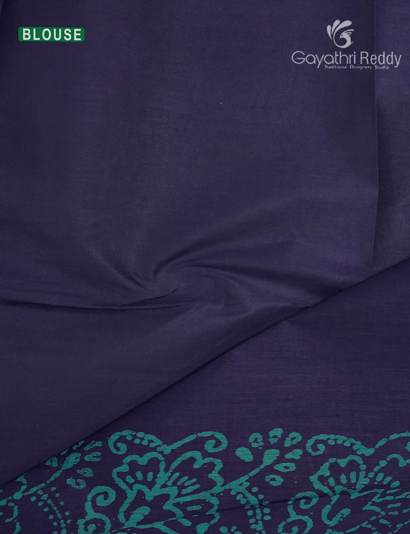 Cotton Batik Print Saree in Navy Blue and Sea Green