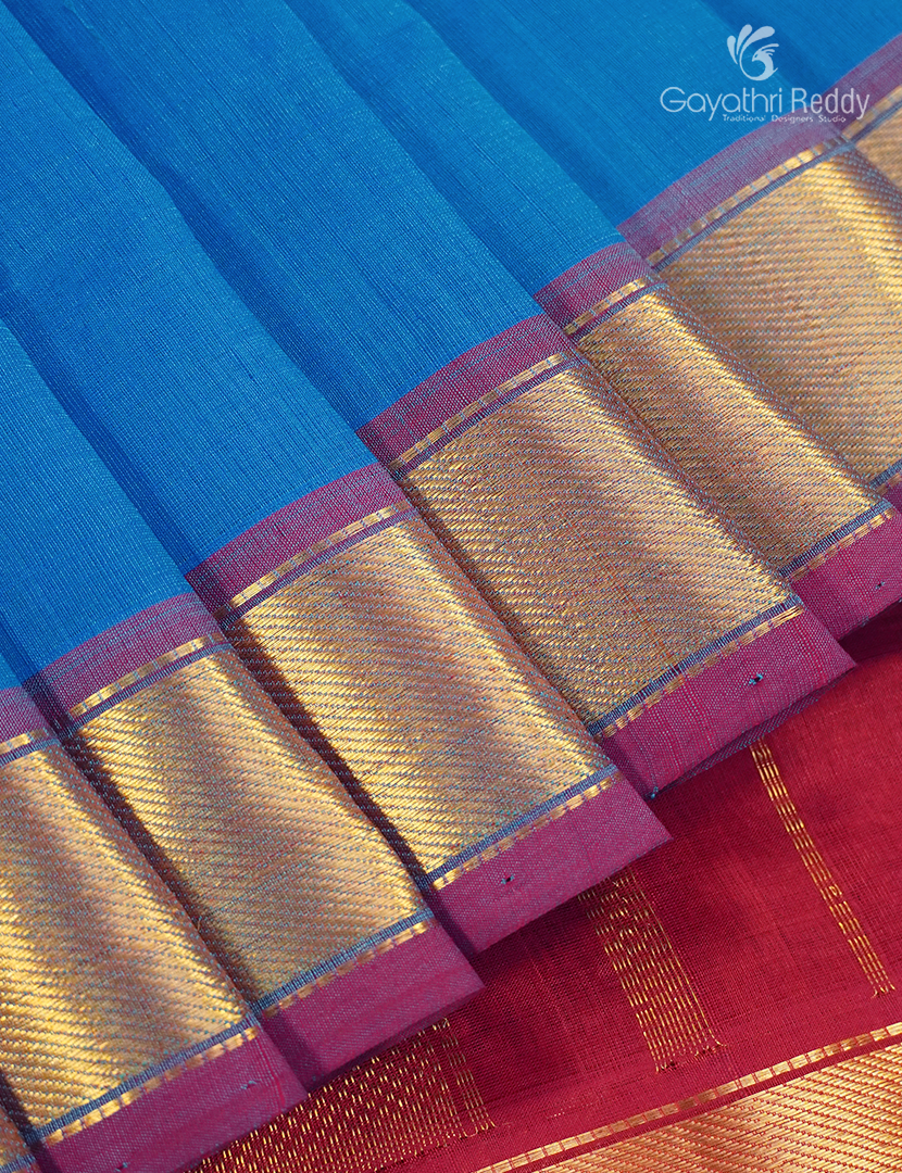 Pure Arani Sico Saree in Deep Cloud blue and Pinkish Red