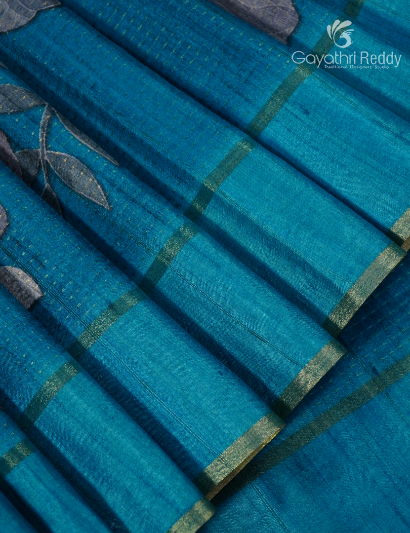 Semi Tussar Saree in Peacock Blue and Sea Green