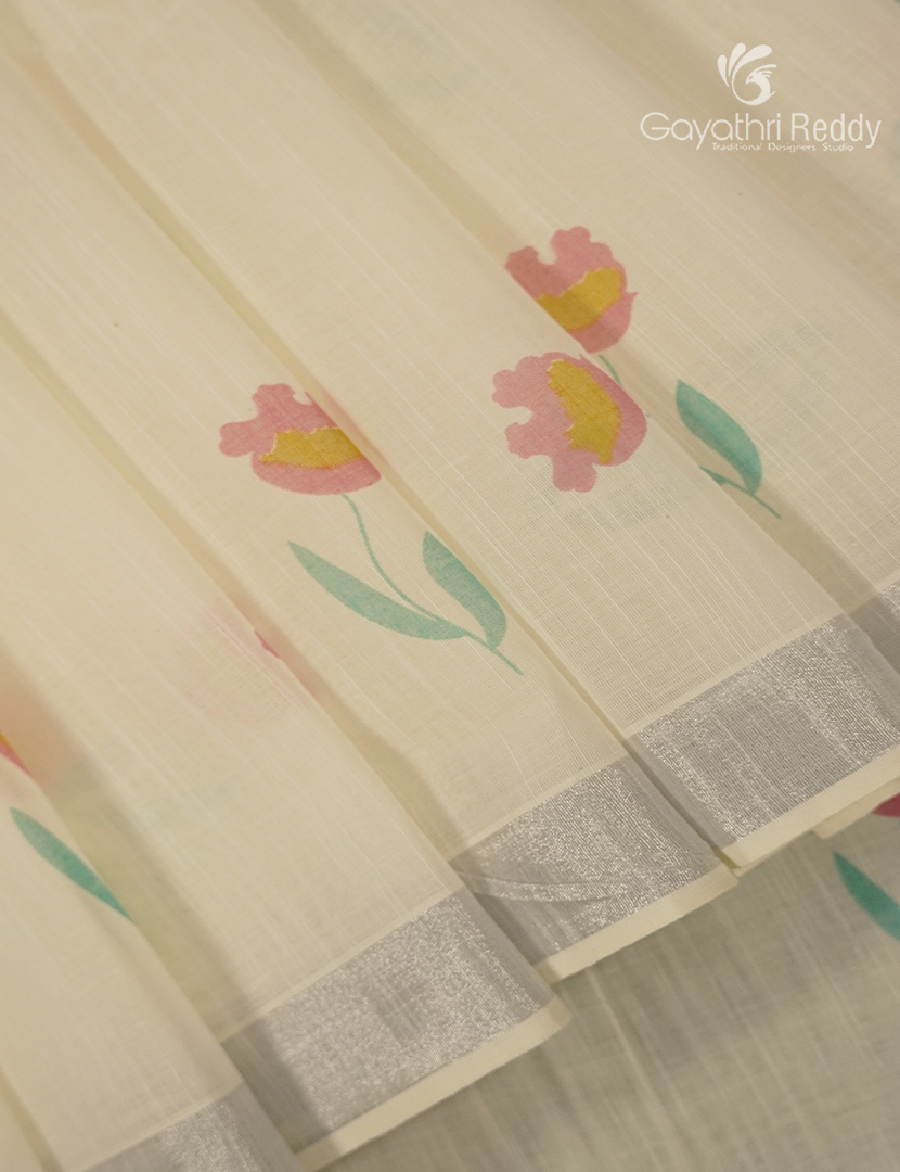 Pure Kanchi Cotton Printed Saree in Ivory and Pista Green