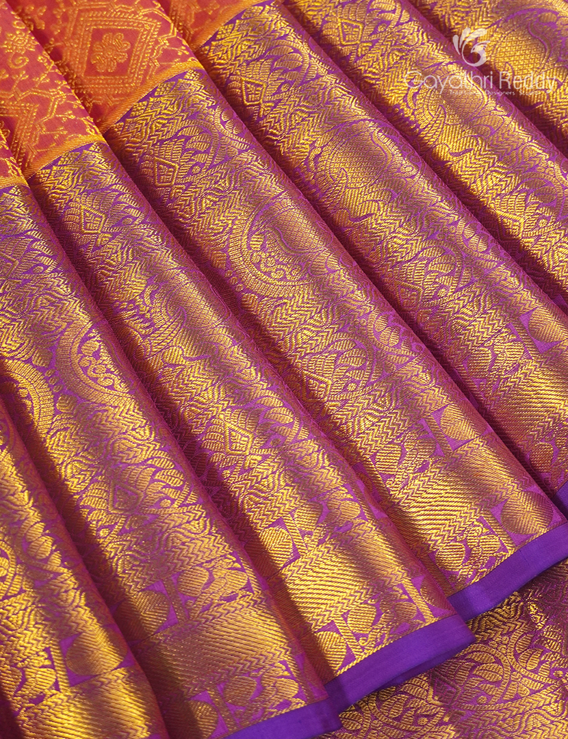 Pure Kanchhipuram Silk Bridal Saree in Orange and Purple