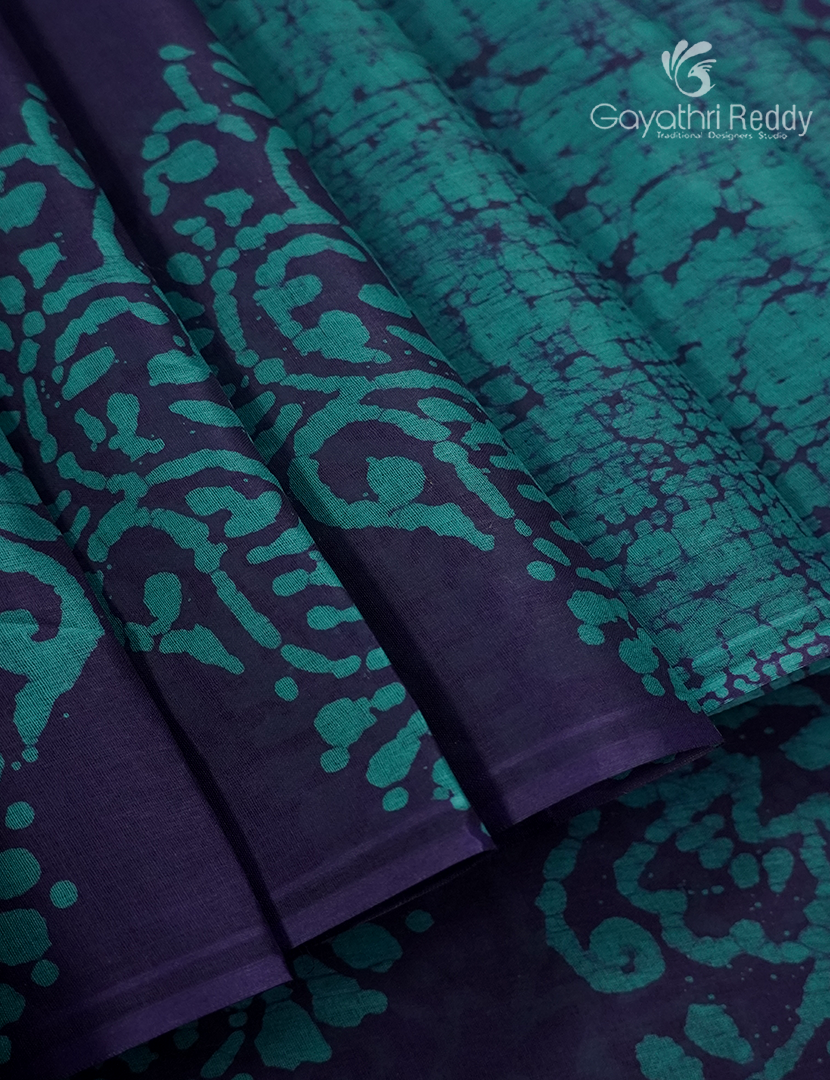 Cotton Batik Print Saree in Navy Blue and Sea Green