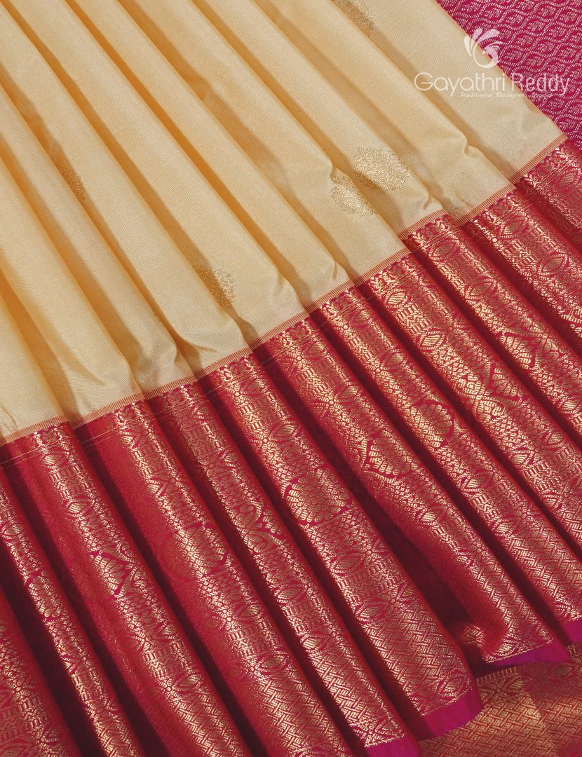 Semi Kanchipuram Silk Saree in Golden Cream and Rani Pink