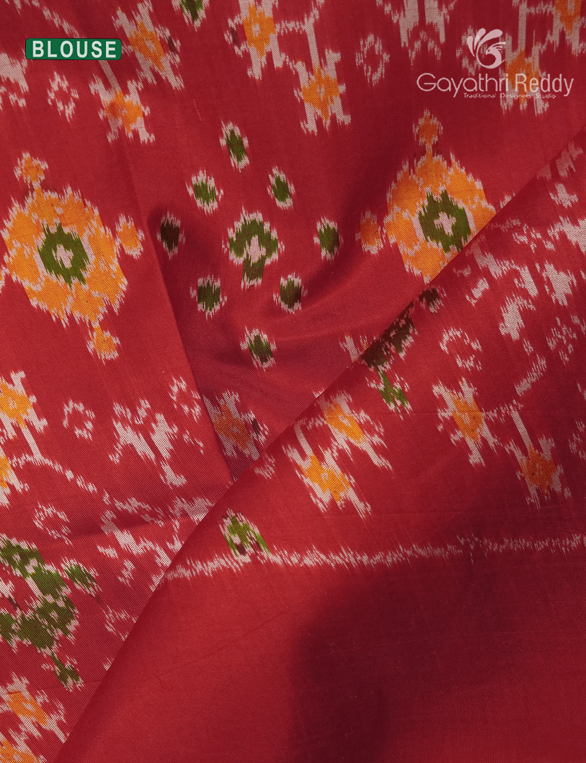Pure Ikat Silk Saree in Peach and Red