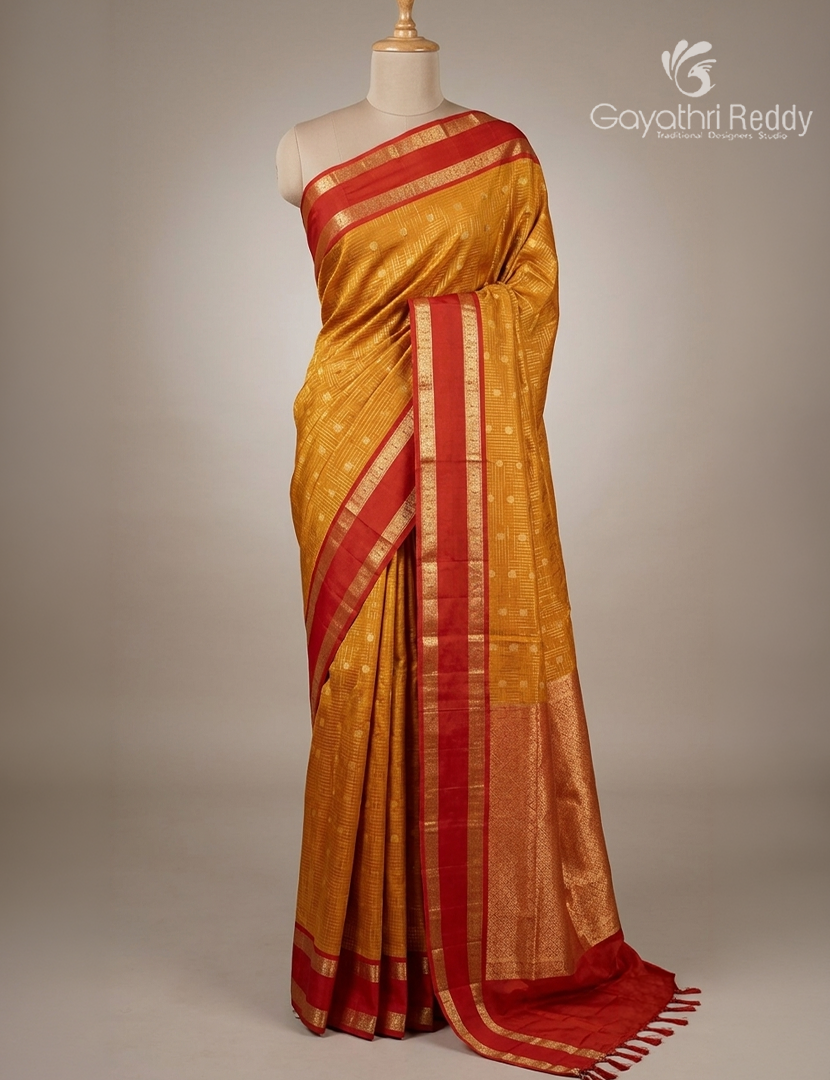 Pure Kanchipuram Vintage Silk Saree in Mustard and Orange
