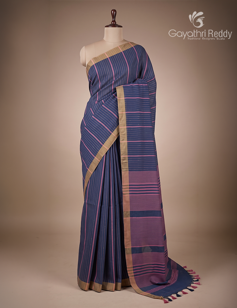 Pure Handloom Cotton Sareein Indigo Blue
