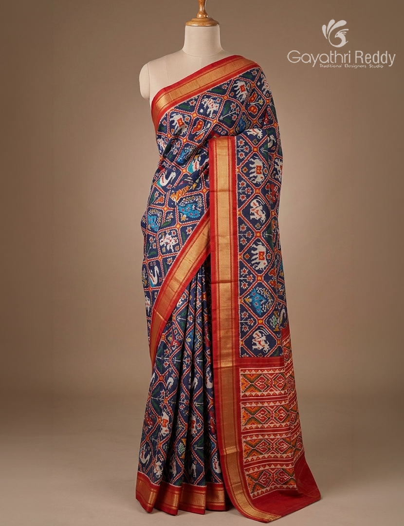 Pure Ikat Silk Saree in Deep Navy Blue and Red