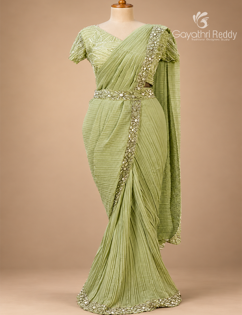 One Minute Saree in Pista Green