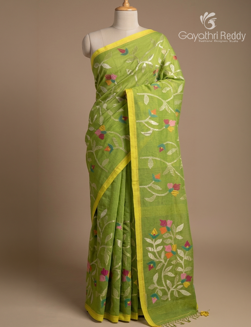 Pure Jamdani Kora Saree in Mehendi Green