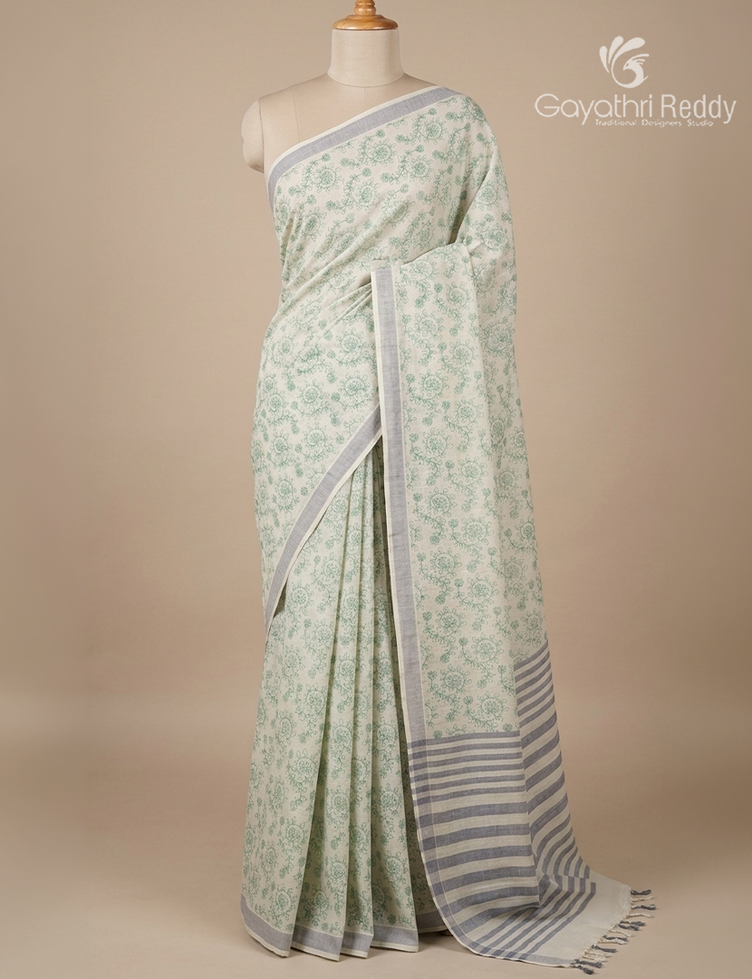 Pure Kanchi Cotton Printed Saree in Ivory and Grey